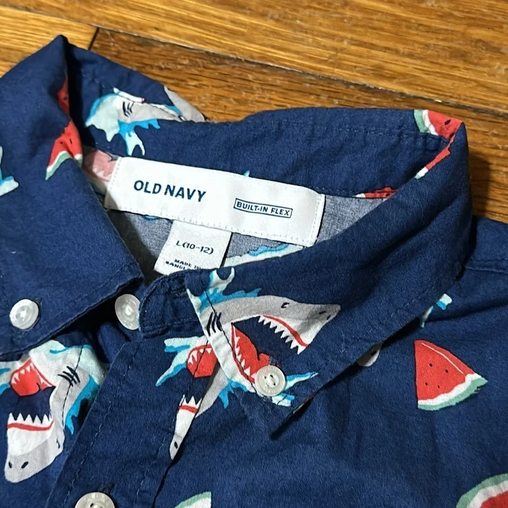 Old Navy Boys Blue Shark & Watermelon Button Down Shirt, Sz Lg (10/12)